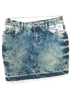 Rufen Acid Wash Denim Mini Skirt Lace Trim Size 28 Y2K Blue Jean Skirt
